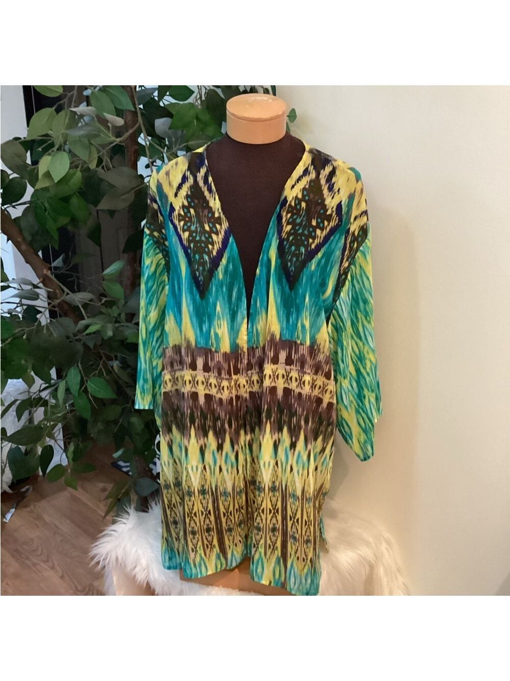 Kim Rogers Woman Multicolor Ikat Print semi sheer kimono 3X - Picture 1 of 11